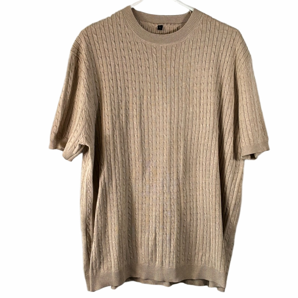 Beige Cable Knit Short Sleeve Sweater